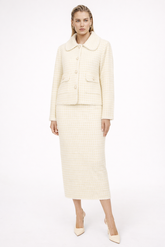 Capri Pearl Button Check Knit Cardigan Skirt Set