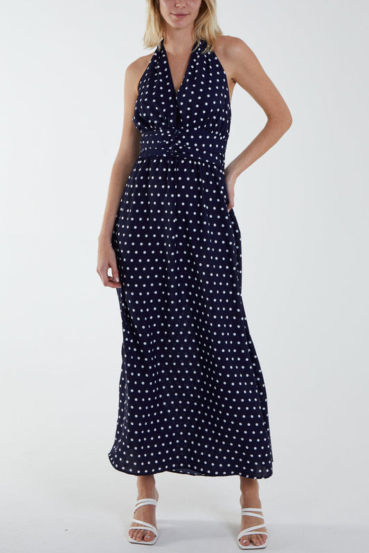Amalfi Polka Dot Halterneck Button Belt Maxi Dress
