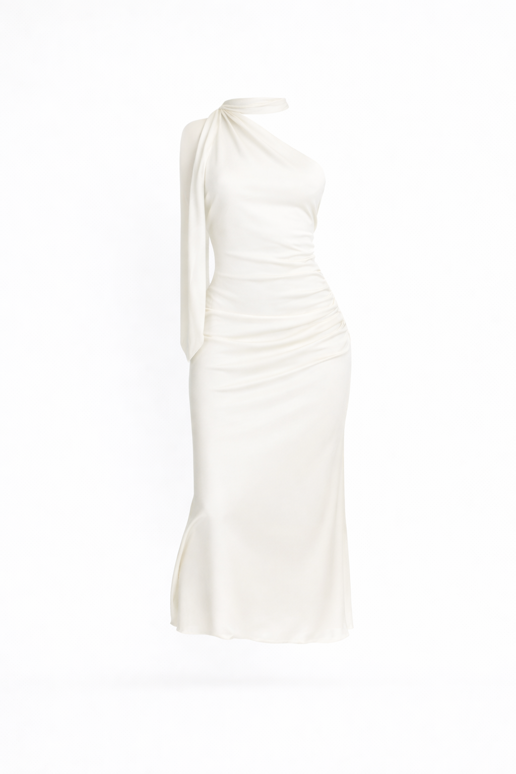 Ibiza Ruched Satin Midi Dress With Neck Tie