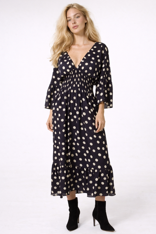Luna Polka Dot Shirred Waist Midi  Dress