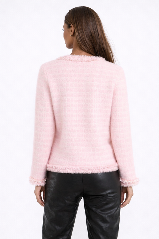 Chanel Fluffy Check Knit Pearl Button Cardigan