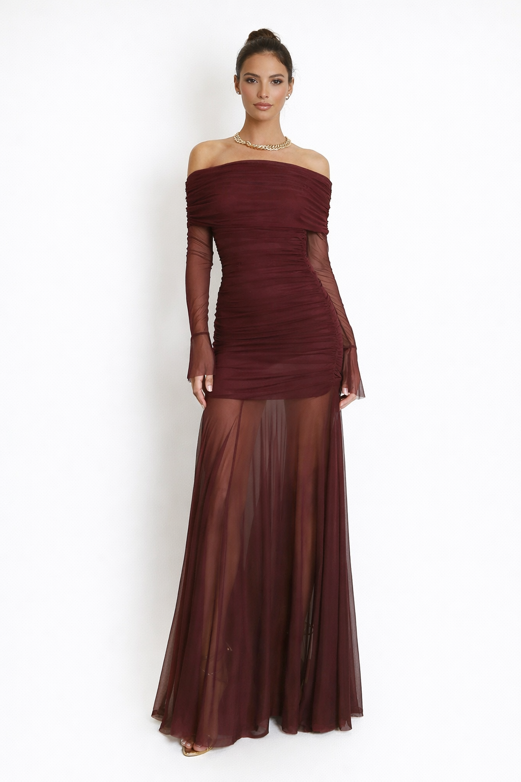 Versailles Mesh Hem Bardot Maxi Dress