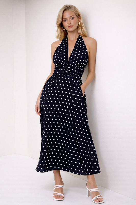 Amalfi Polka Dot Halterneck Button Belt Maxi Dress