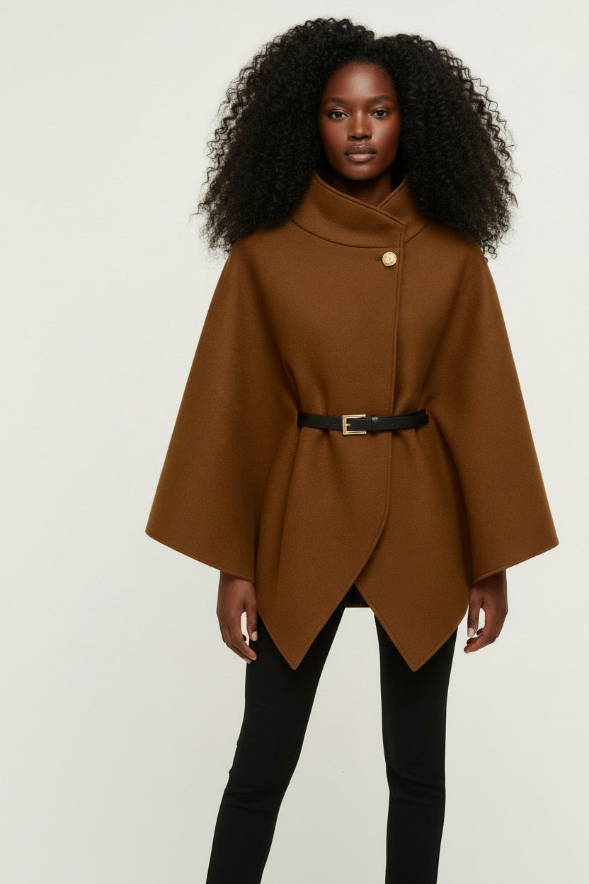 Francesca Gold Button High Neck Belted Cape