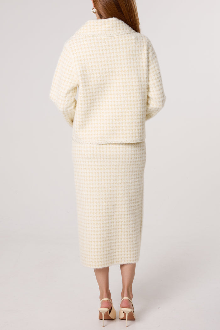 Capri Pearl Button Check Knit Cardigan Skirt Set