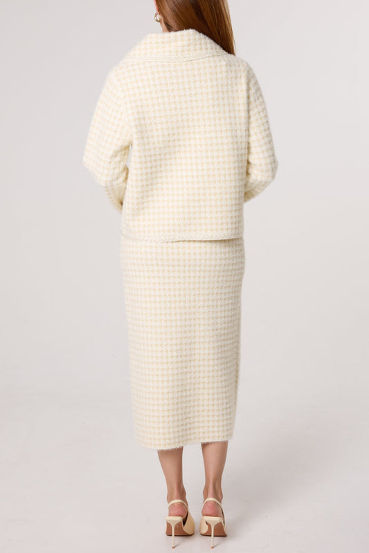 Capri Pearl Button Check Knit Cardigan Skirt Set