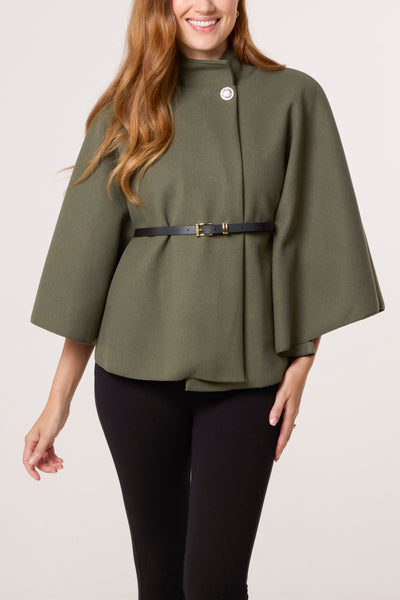 Francesca Gold Button High Neck Belted Cape