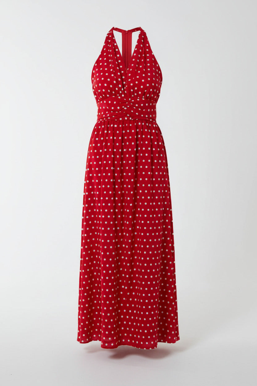 Amalfi Polka Dot Halterneck Button Belt Maxi Dress