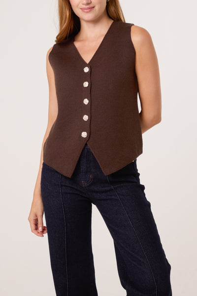 Noelle Gold Flower Button Knitted Waistcoat